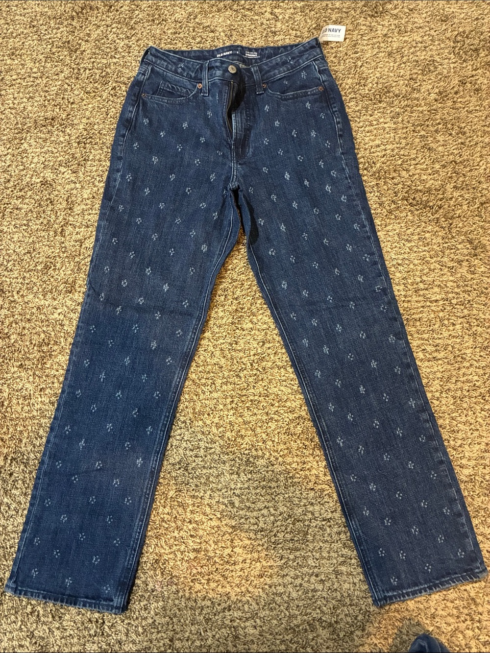 Old Navy Dark Blue Straight-Leg Jeans with Tonal Dot Pattern